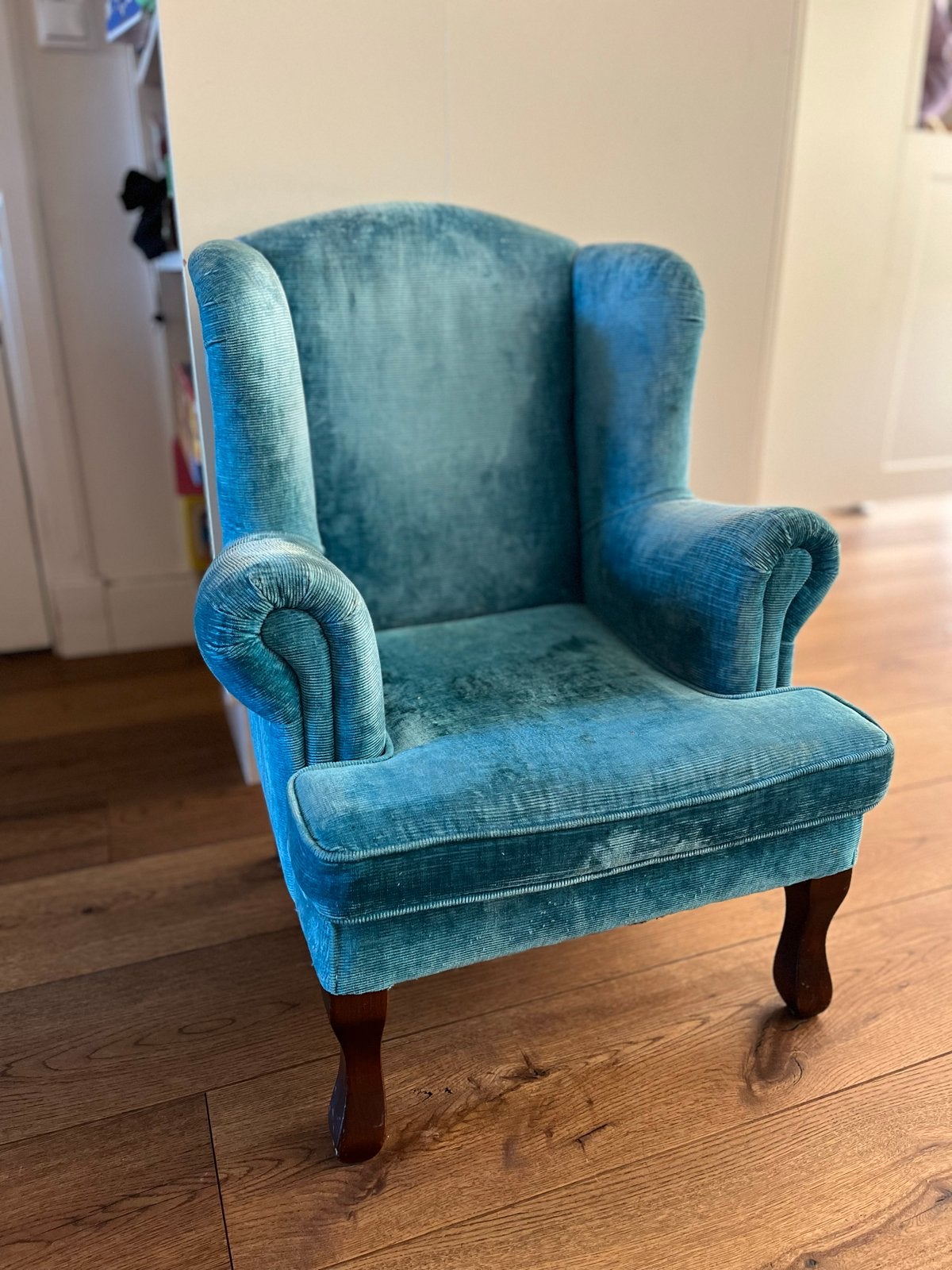 Vintage Kinderfauteuil - Ribfluweel - Petrol Blauw, Huis en Inrichting, Fauteuils, Ophalen, Minder dan 50 cm, Gebruikt, Minder dan 75 cm