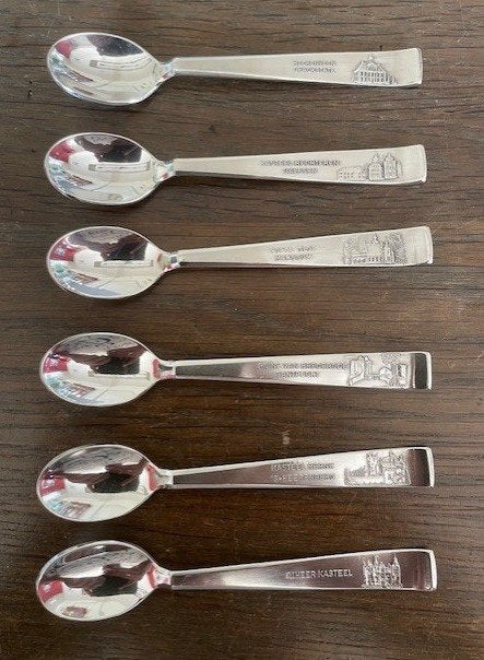 Set van 6 gemerkte verzilverde Kasteel Lepeltjes, Ophalen of Verzenden