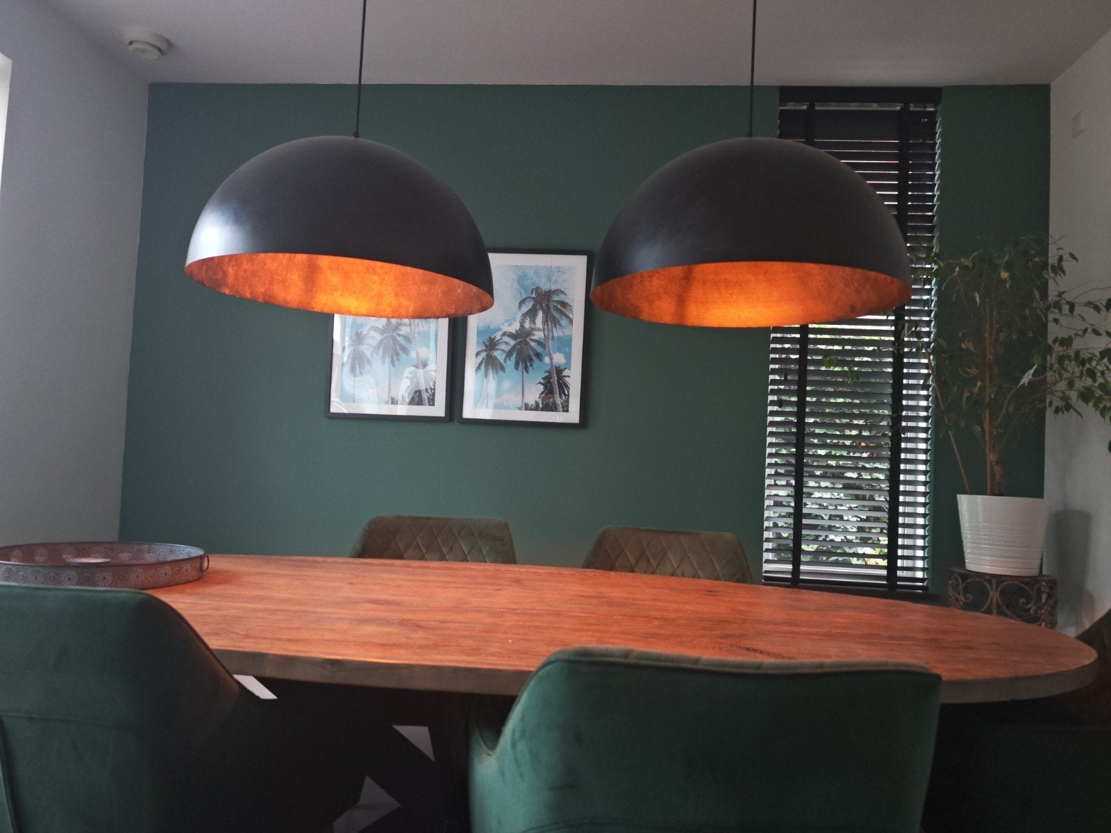 Set van 2 zwarte koepel hanglampen - Ø 60cm, H 30cm, Modern, Industrieel, Zo goed als nieuw, Metaal, E27 (groot)