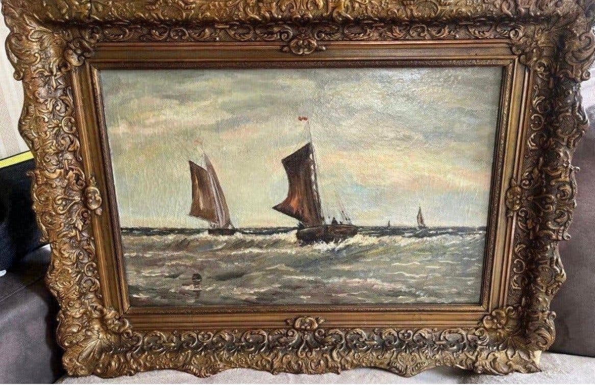 Antiek olieverf zee met boten schilderij, Ophalen, Maritiem / water, Doek, Gesigneerd