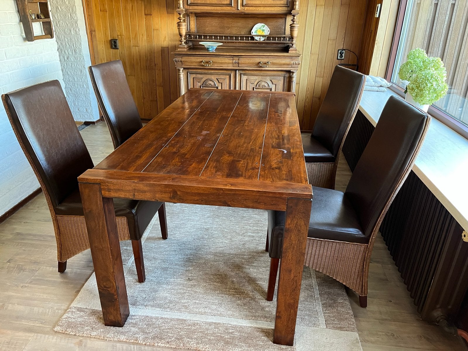 Eethoek acacia old antiek met 4 stoelen, Ophalen, Gebruikt, 50 tot 100 cm, 150 tot 200 cm