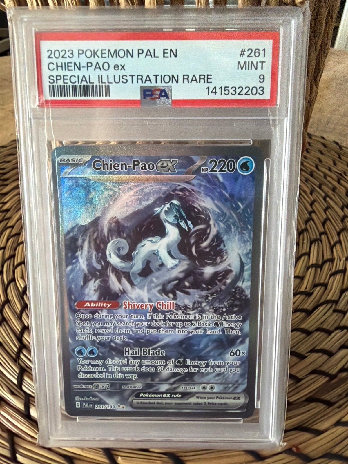 Chien-Pao ex Special Illustration Rare PSA 9 Pokémon Kaart, Ophalen of Verzenden, Zo goed als nieuw, Losse kaart