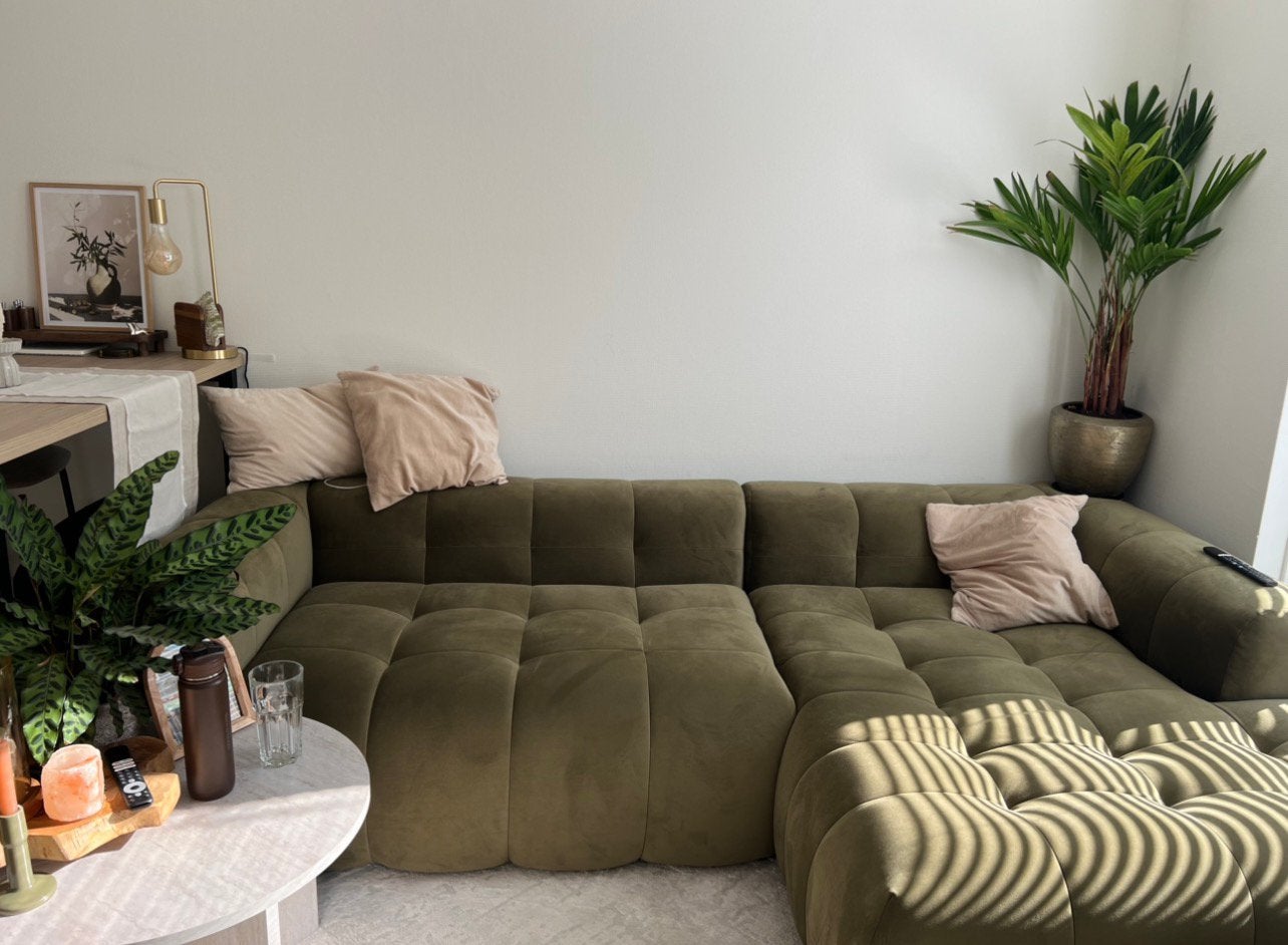 Luxe design hoekbank / loungebank olijfgroen - nieuwstaat, Ophalen, Zo goed als nieuw, Stof