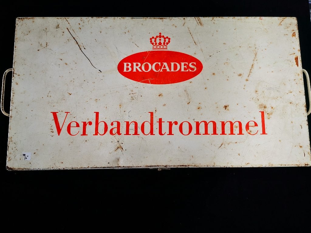 vintage EHBO Emaille Brocades Verbandtrommel medische Inhoud, Ophalen of Verzenden