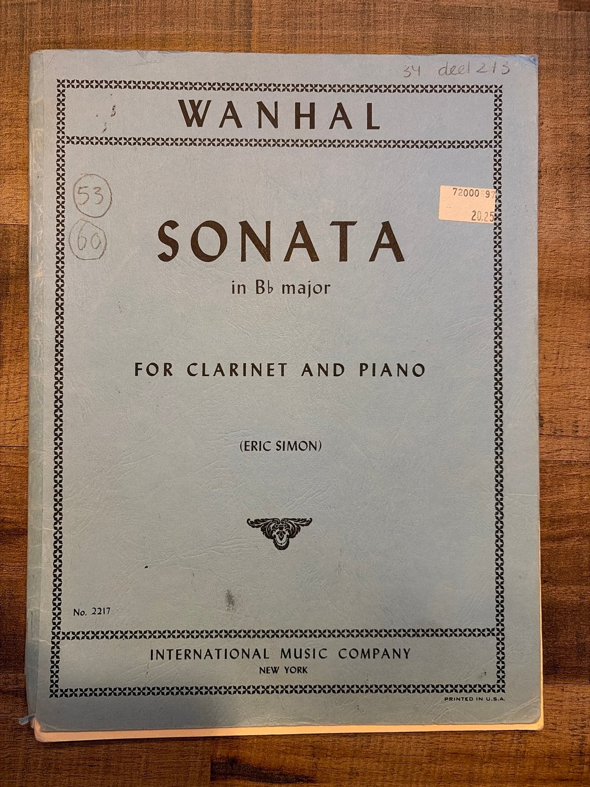 Wanhal Sonate in Bes majeur voor klarinet en piano, Gebruikt, Klassiek, Ophalen of Verzenden, Klarinet