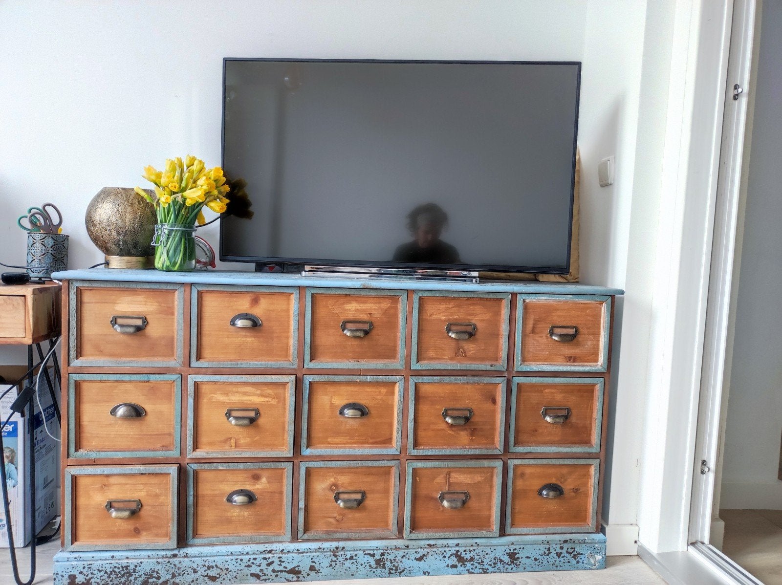 Vintage ladekast met 15 lades - Blauw/Hout, Huis en Inrichting, Overige houtsoorten, 100 tot 150 cm, Ophalen of Verzenden, 25 tot 50 cm