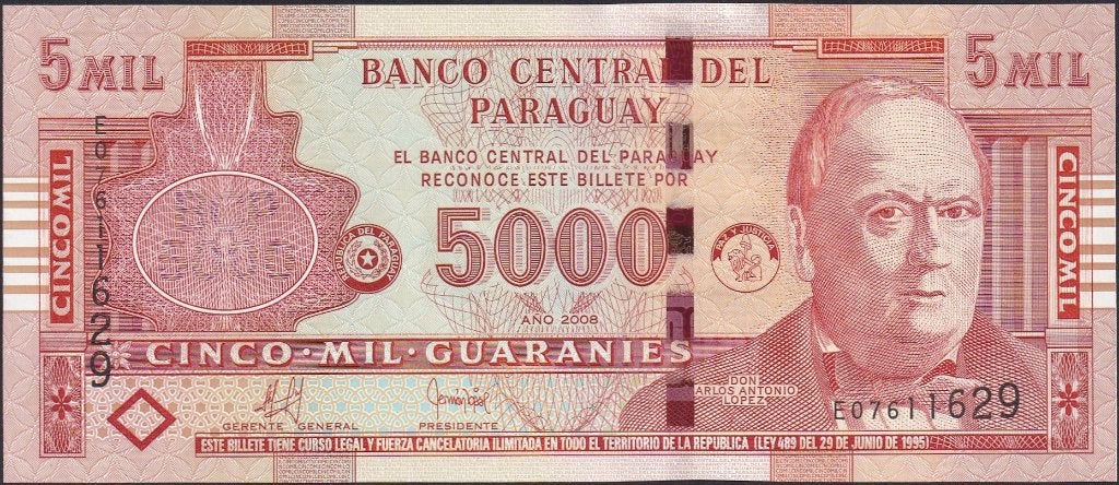 Paraguay 5000 guaranies 2008 UNC p.223b (# 1269), Verzenden, Zuid-Amerika, Los biljet