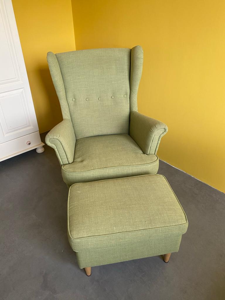 Ikea Strandmon fauteuil met voetenbank - Lichtgroen, Ophalen, Gebruikt, Stof, 75 tot 100 cm