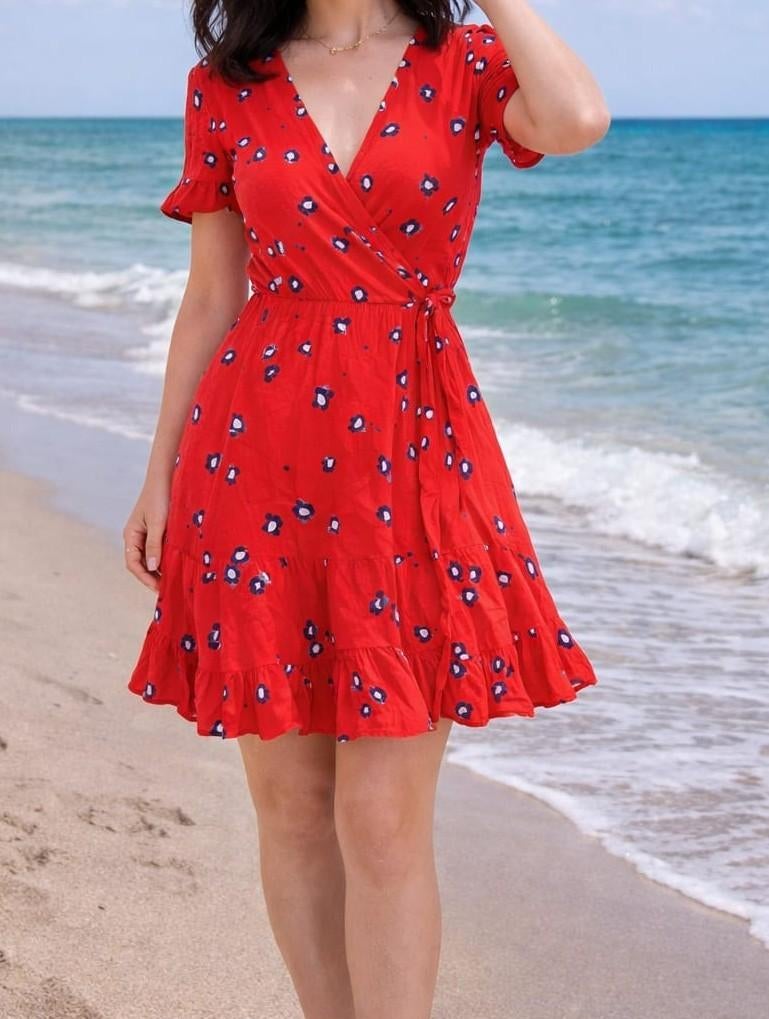 Rood wikkeljurkje met bloemen maat S, Ophalen of Verzenden, Zo goed als nieuw, Maat 36 (S), Boven de knie