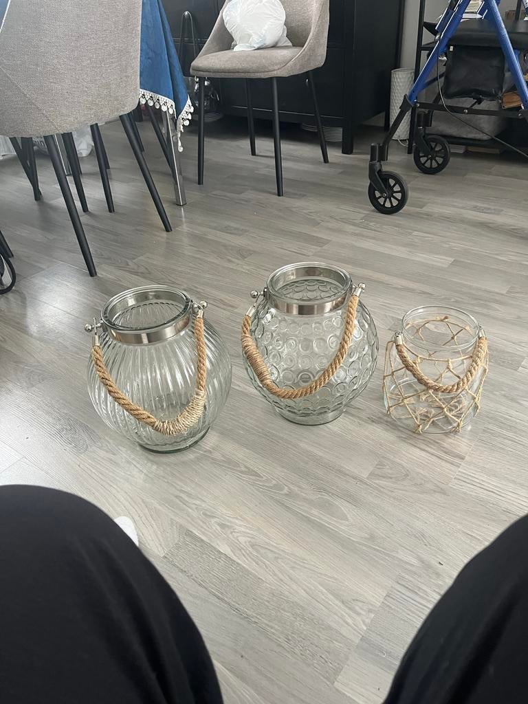 Set van 3 glazen windlichten met touw, Ophalen of Verzenden, Gebruikt, Glas, Landelijk