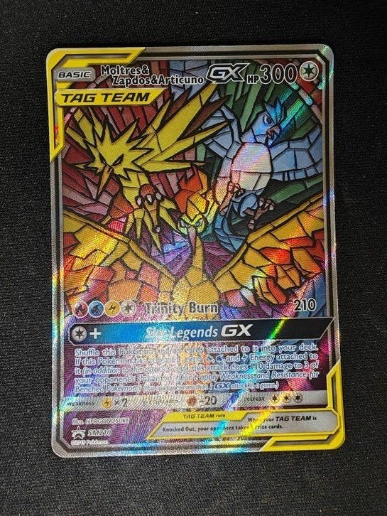 Moltres & Zapdos & Articuno GX TAG TEAM Pokémon kaart, Ophalen, Zo goed als nieuw, Losse kaart, Foil