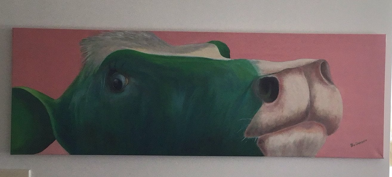 Schilderij koe olieverf 120x40 cm, Huis en Inrichting, Minder dan 50 cm, Ophalen of Verzenden, Zo goed als nieuw, Schilderij