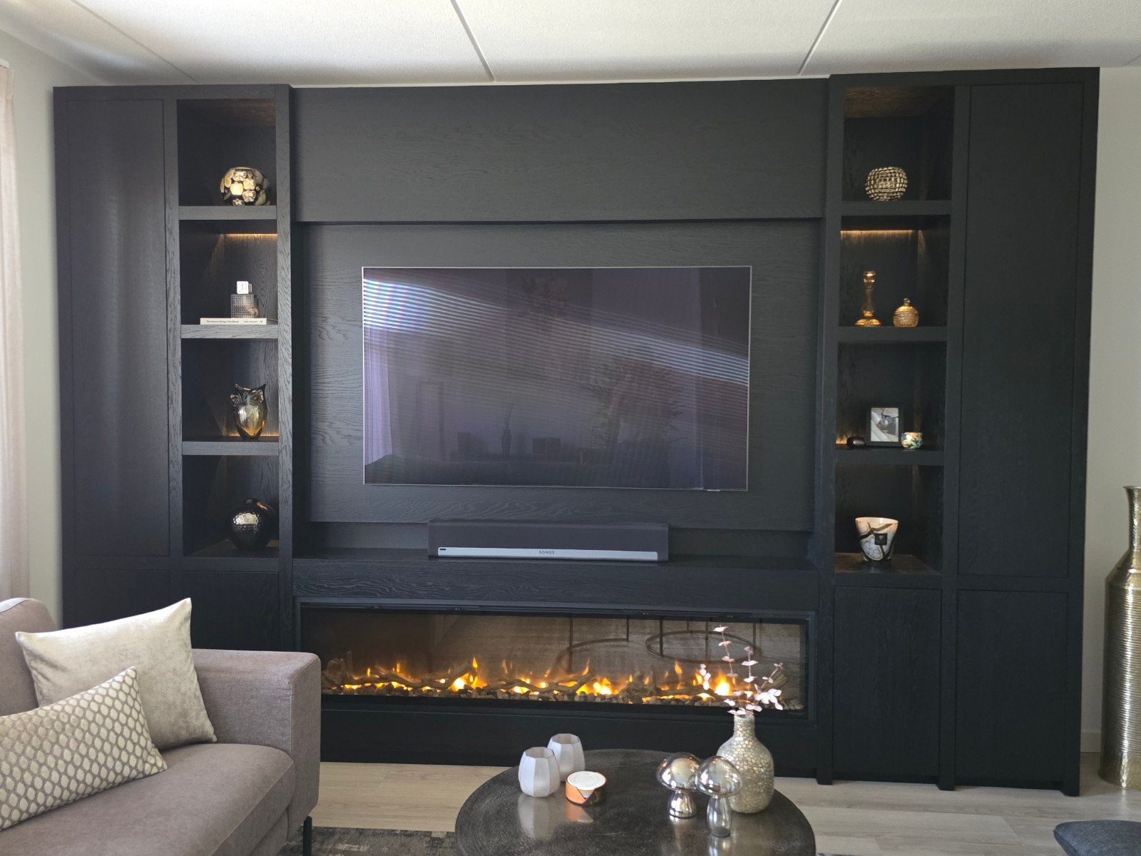 Exclusieve Eiken Cinewall met sfeerhaard en verlichting, Ophalen, Modern, Luxe, Design, 200 cm of meer, Eikenhout