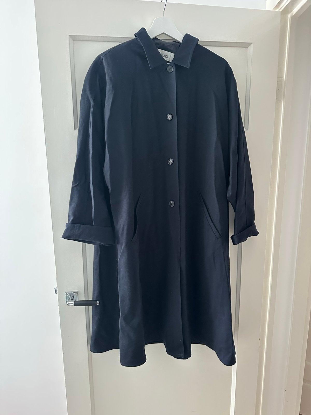 Max Mara Wollen Trenchcoat Donkerblauw Maat 40 (valt ruim), Ophalen of Verzenden, Gedragen, Maat 42/44 (L), Blauw