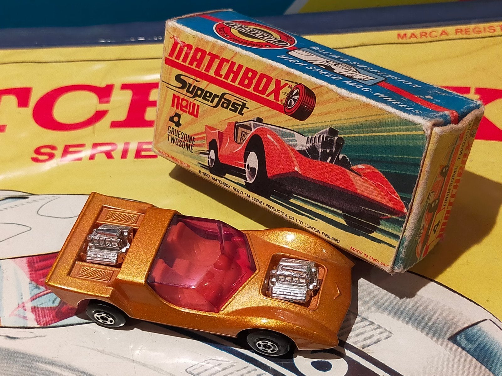 Lesney Matchbox Superfast MB 4 Gruesome Twosome met doosje., Hobby en Vrije tijd, Modelauto's | 1:87, Ophalen of Verzenden, Zo goed als nieuw