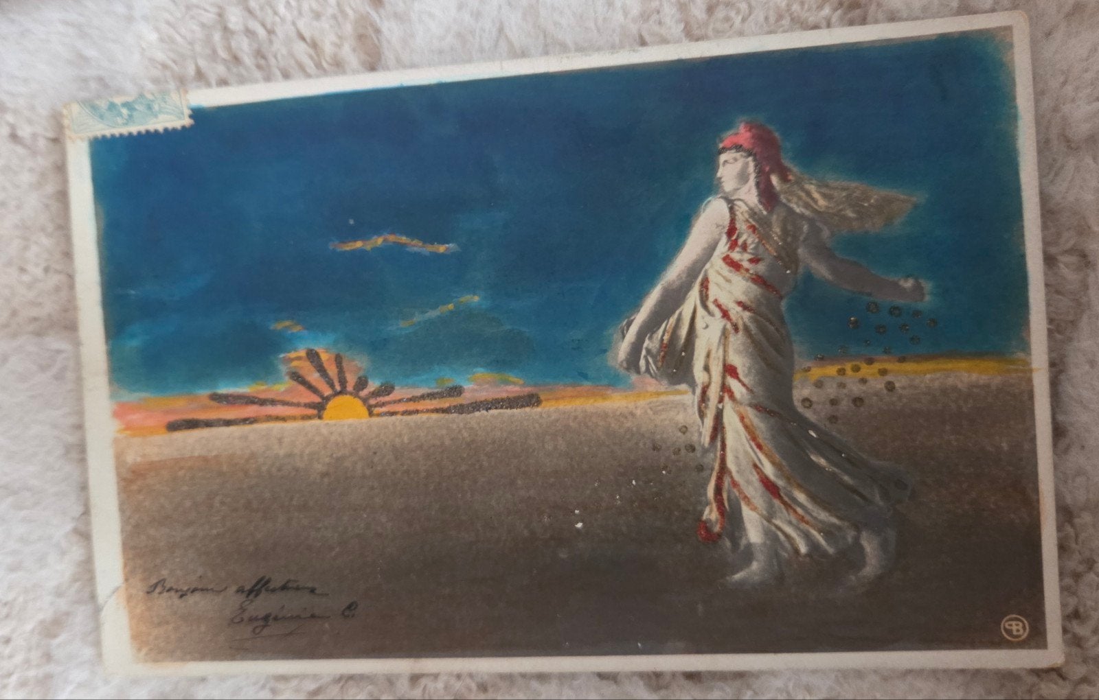 Franse Ansichtkaart - Vrouw zaait zaden bij zonsonder, Verzenden, Voor 1920, Gelopen, Overige thema's