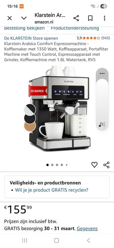 Klarstein Arabica Comfort Espressomachine, Ophalen of Verzenden
