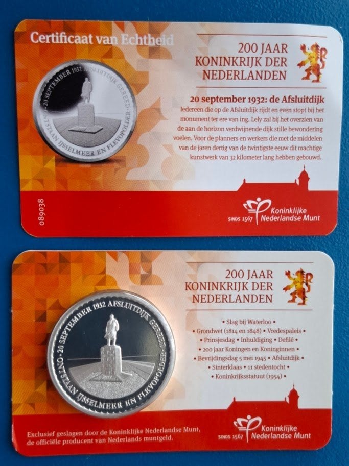 "Afsluitdijk gereed" herdenkingspenning in coincard - 2013, Verzenden, Overige materialen, Nederland