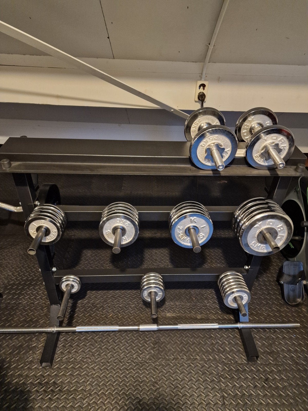 Chromen halterset met rek, 55,5 kg aan gewichten, Ophalen, Gebruikt, Benen, Halterset