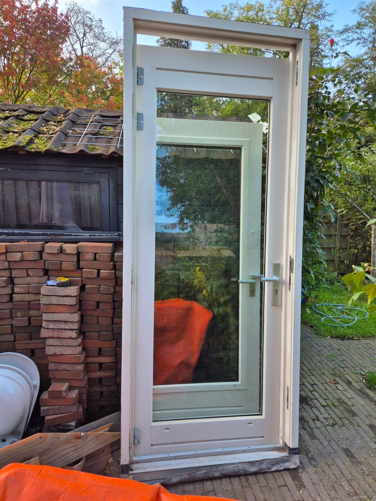 Hardhouten Buitendeur met Kozijn en Dubbelglas, Gebruikt, 80 tot 100 cm, 215 cm of meer, Ophalen of Verzenden