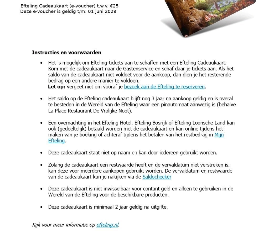 Efteling Cadeaukaart (e-voucher) €150, Tickets en Kaartjes, Drie personen of meer, Cadeaubon, Pretpark
