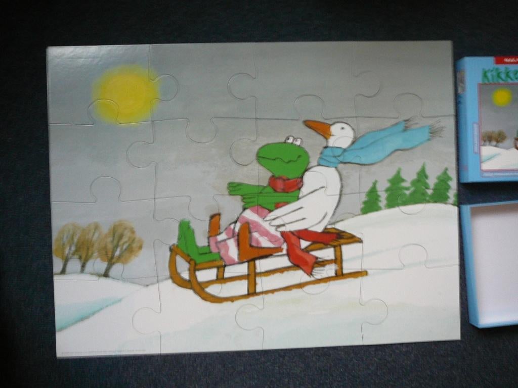 Grote vloerpuzzel 80x60cm 16st Kikker in de Sneeuw, Ophalen of Verzenden, 10 tot 50 stukjes, Zo goed als nieuw