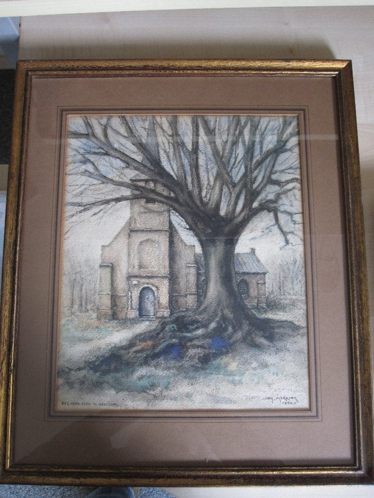 Schilderij van Johan Mekkink : Kerkje op de berg te Heelsum, Realistisch, Bijzondere lijst, Ophalen of Verzenden, Gemengde techniek