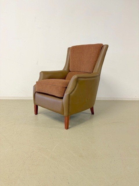 Engelse fauteuil in stof en leer van Jeantique, Ophalen, Gebruikt, 75 tot 100 cm, Engels / Klassiek / Ambachtelijk
