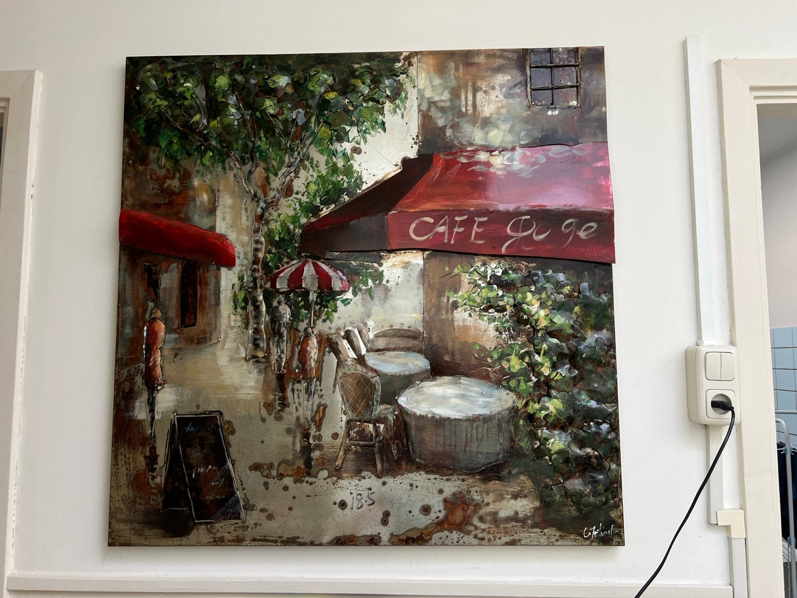 Uniek 3D schilderij 'Cafe Rouge' - Metaal en olieverf, Ophalen, Overige stijlen, Metaal, Handgeschilderd