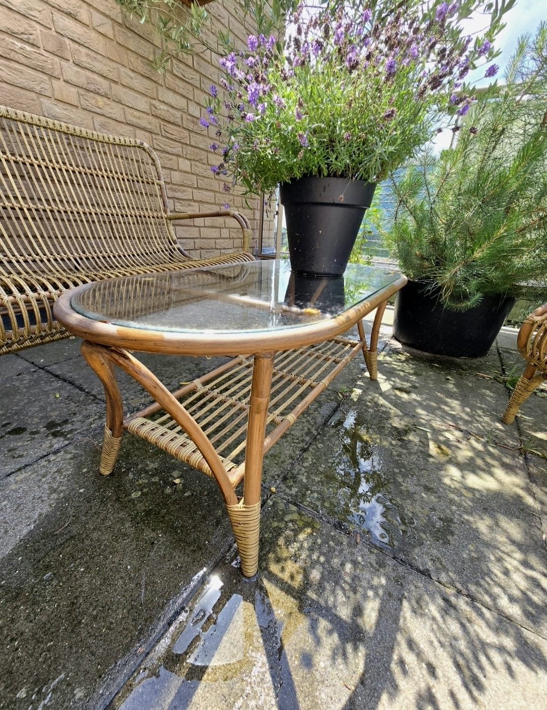 Vintage rotan zitgroep: bank, 2 stoelen en salontafel, Ophalen, 4 zitplaatsen, Kunststof, Gebruikt