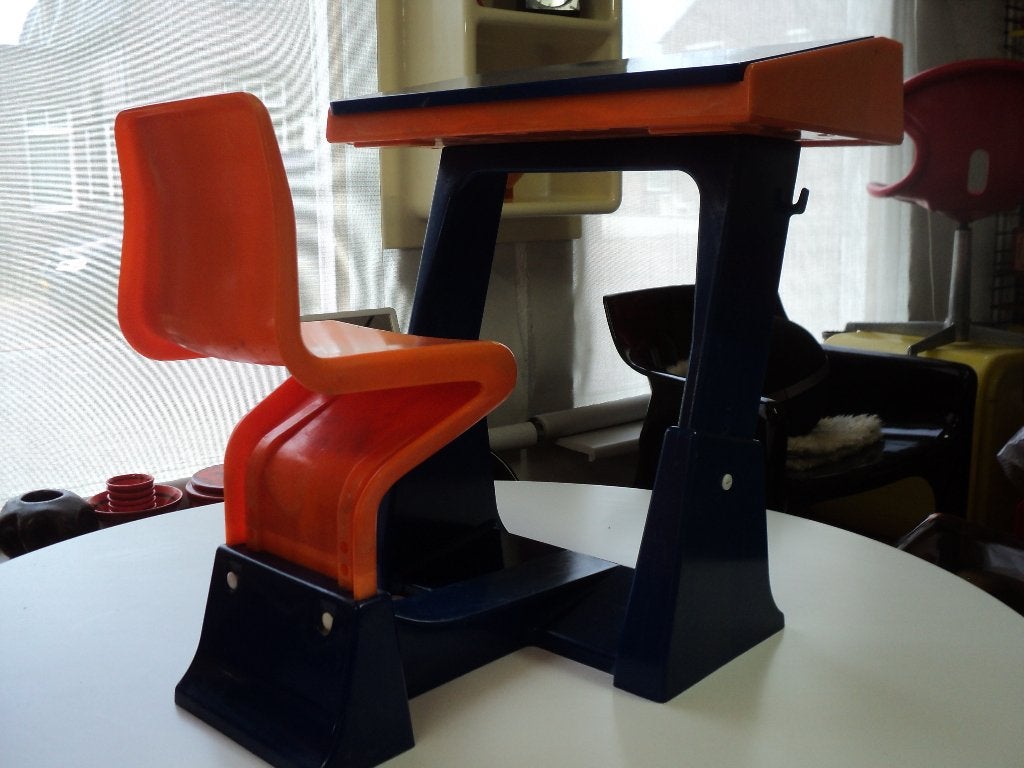 Jaren 70 vintage design kunststof kinderbureau blauw oranje, Ophalen, Gebruikt, ?, Tafel(s) en Stoel(en)