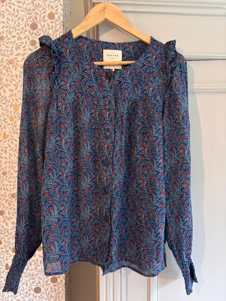 Sezane mooie blauwe blouse maat S met bloemen, Ophalen of Verzenden, Zo goed als nieuw