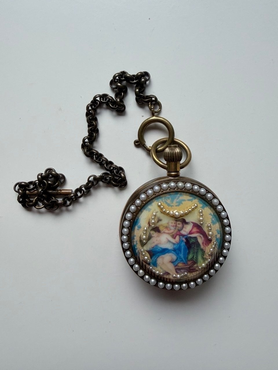Antiek Zakhorloge met Ketting en Decoratieve Wijzerplaat, Overige merken, Overige materialen, Zakhorloge, Ophalen of Verzenden