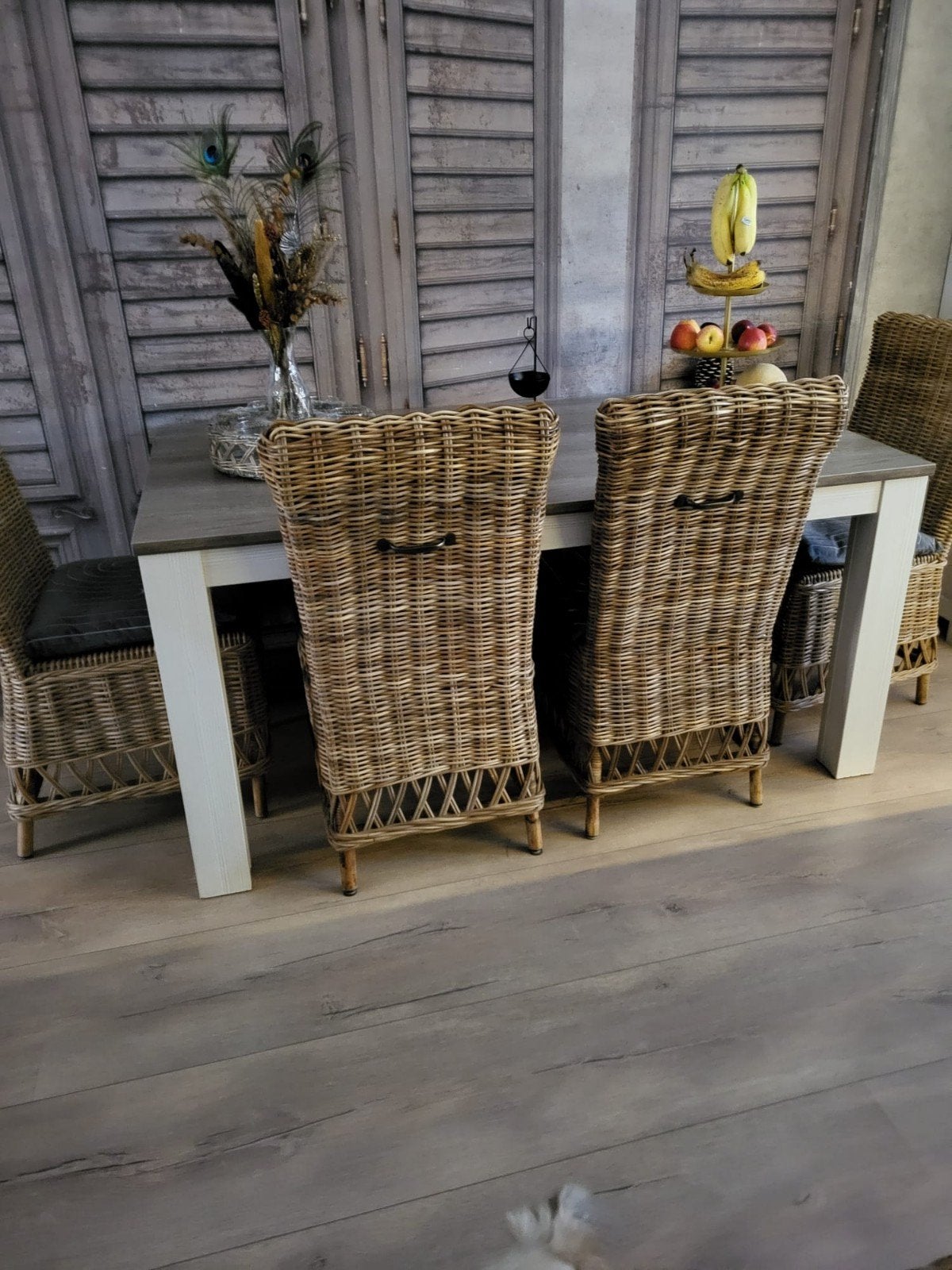 Rotan eetkamerstoelen met kussens (4 stuks), Huis en Inrichting, Stoelen, Gebruikt, Overige kleuren, Landelijk, Bohemian, Vier