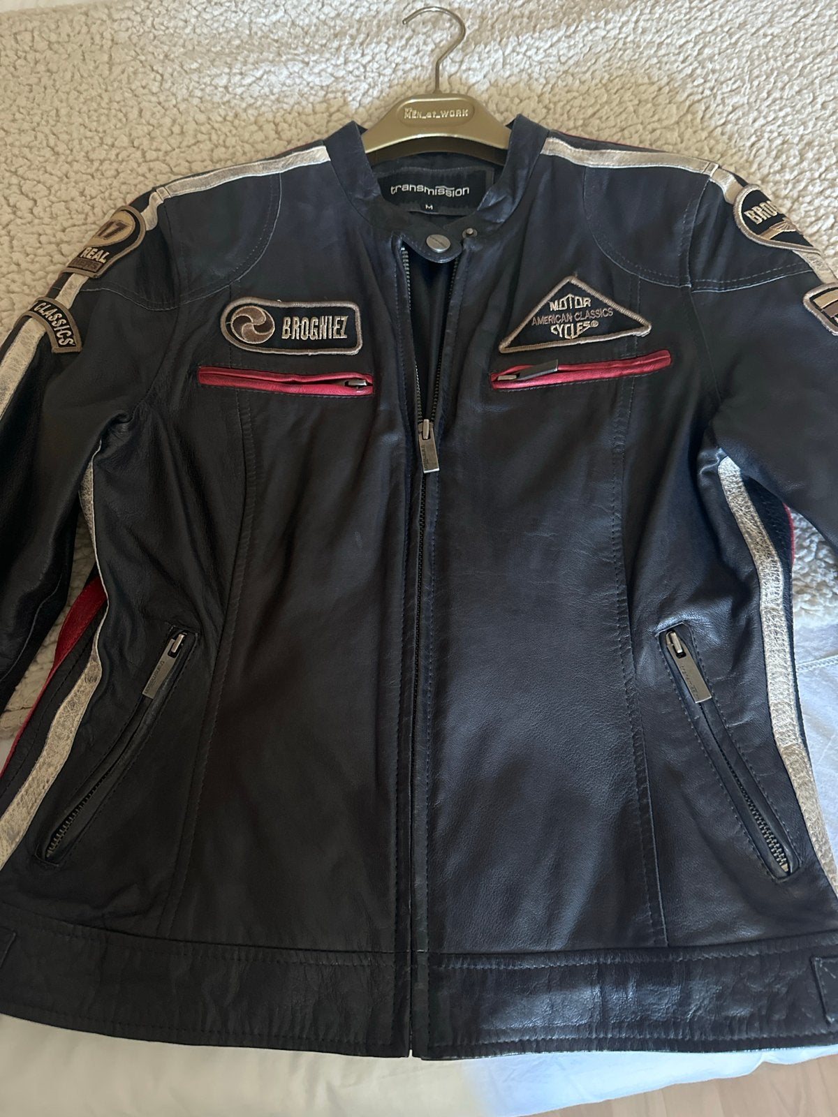 Transmission Leren Jas - biker met Rode en Witte Strepen, Ophalen, Nieuw, Maat 38/40 (M), Zwart