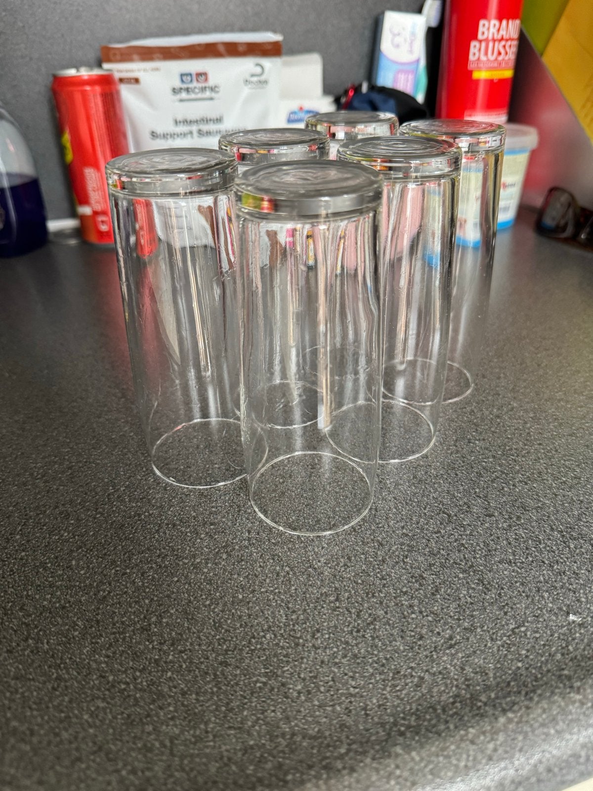 Set van 6 wijnglazen met roze voet + andere selectie glazen, Ophalen, Gebruikt, Glas, Glas of Glazen