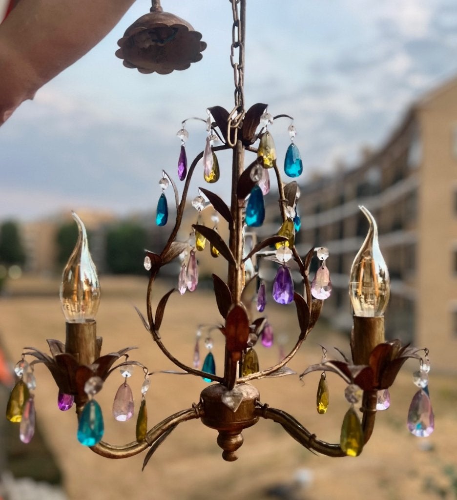 Vintage Florentijnse Kroonluchter met Gekleurd Glas, Gebruikt, Ophalen of Verzenden, Vintage / Hollywood Regency, E14 (klein)