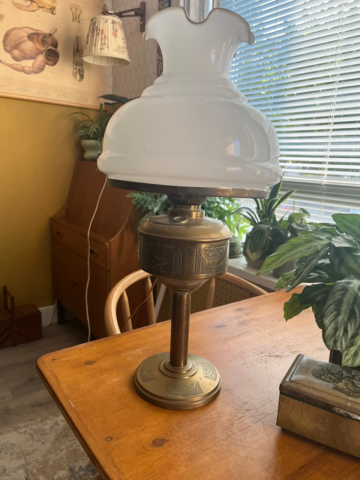 Mooie koperen elektrische olielamp., Ophalen, Gebruikt, Art deco, Olielamp