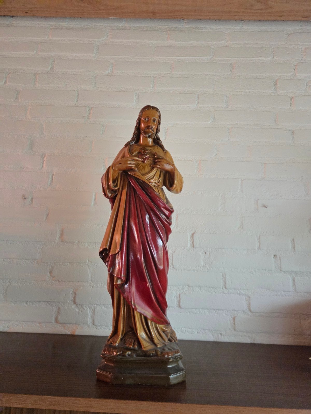 Antiek Heilig Hart Jezus beeld, 70 cm hoog, Gips, Meerkleurig, Religie, 50 - 100 cm