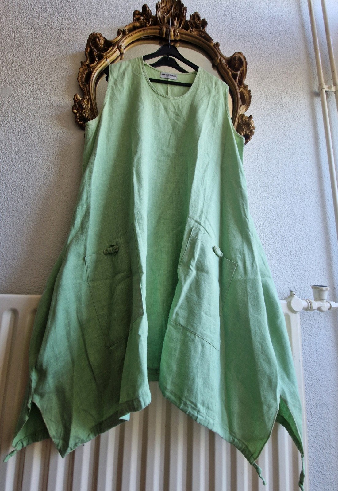 als nieuw! Martine Samoun pastel groen linnen lang tuniek, Jurk, Ophalen of Verzenden, Zo goed als nieuw, Martine Samoun