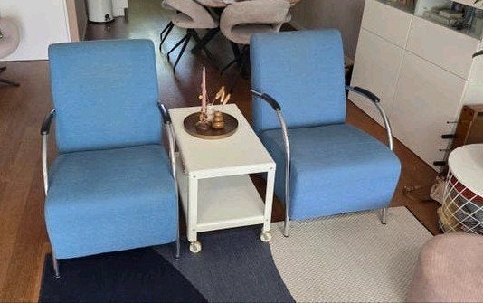 Gratis! 2 petrolkleurige fauteuils  van Woood, Ophalen, Gebruikt, 75 tot 100 cm, 50 tot 75 cm