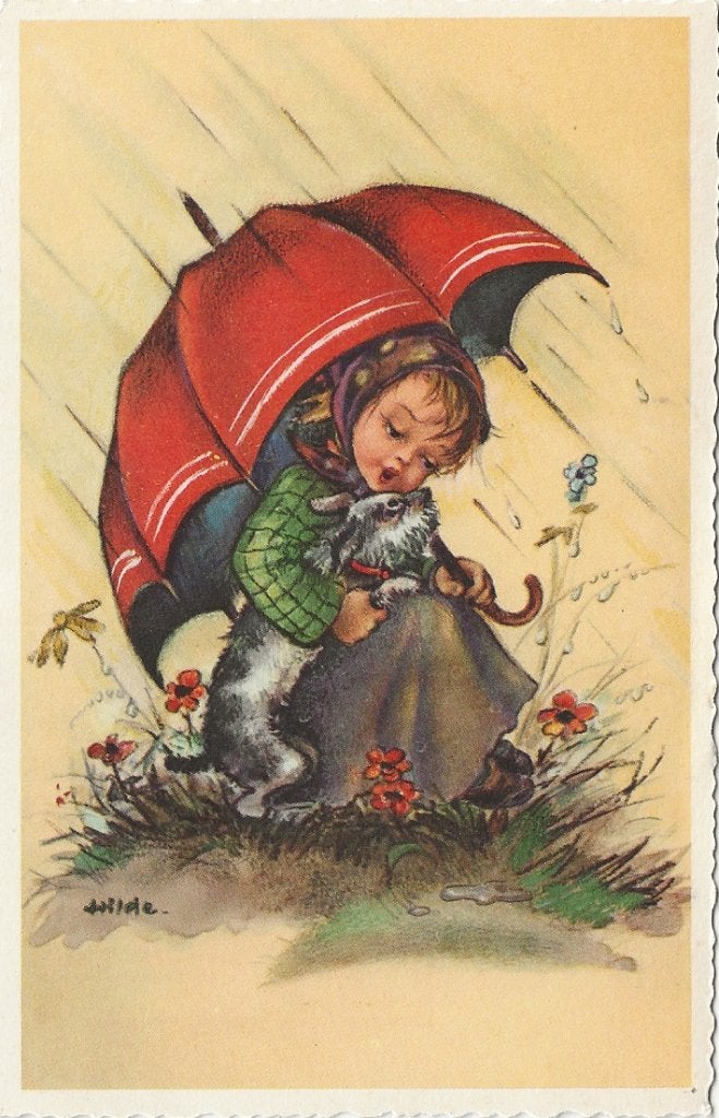 Meisje zit onder paraplu met hondje – ill. Hilde, Ophalen of Verzenden, 1940 tot 1960, Ongelopen, Kinderen