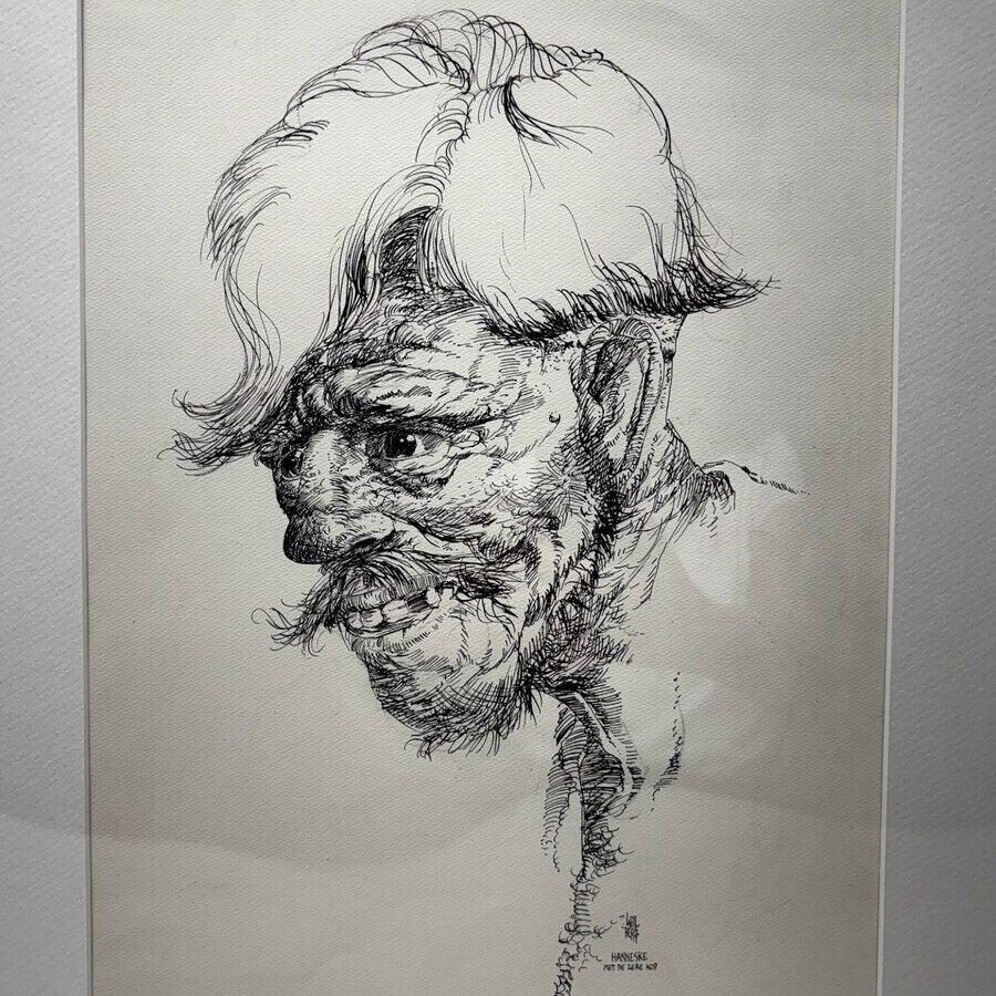 Will Berg (1921-2001) 'Simon Carmiggelt' 'Hanneske met ...', Antiek en Kunst, Ophalen of Verzenden, Tekening, Pentekening, Ingelijst