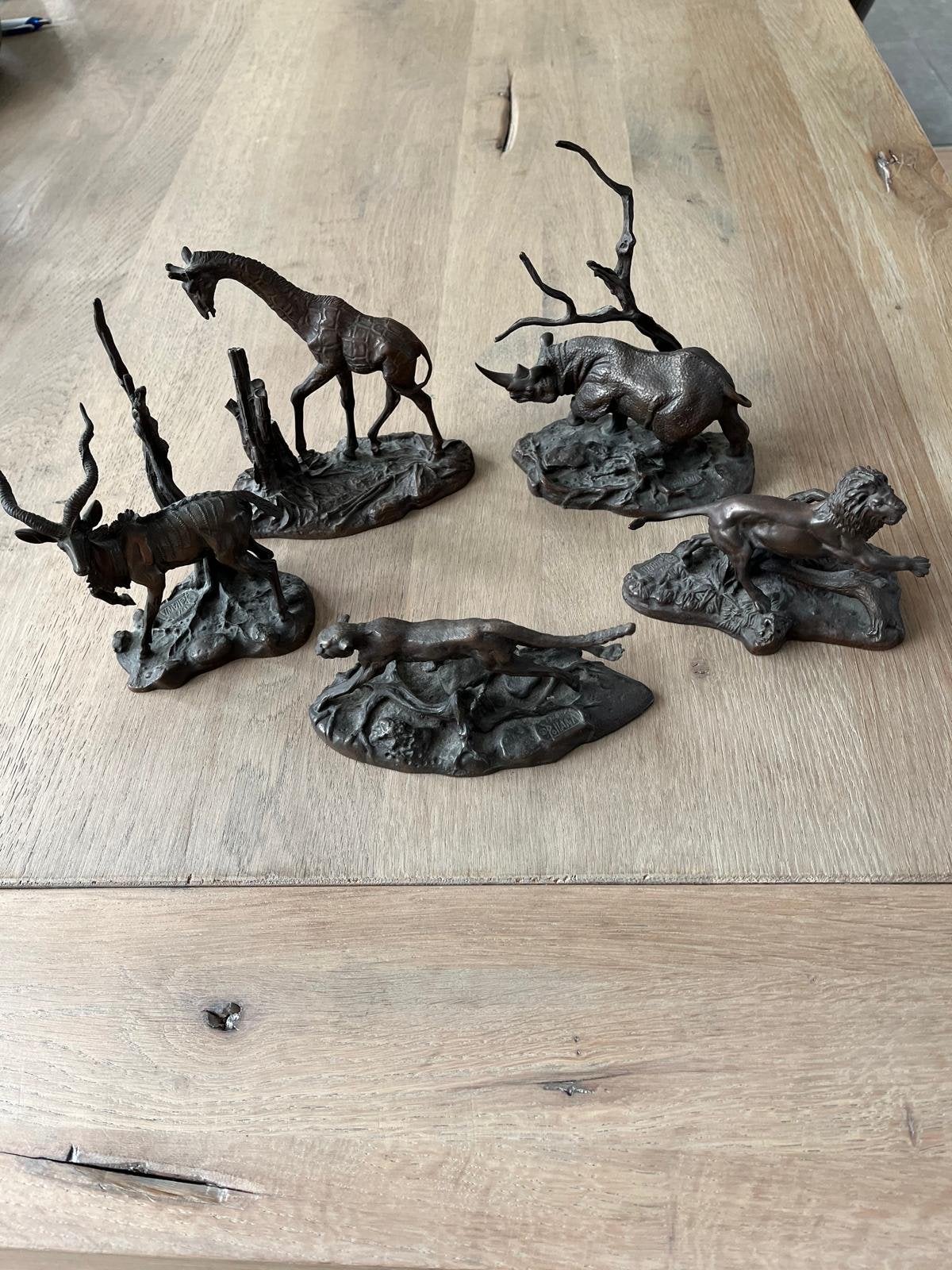 Set van 5 bronzen Afrikaanse dierenbeelden, Ophalen of Verzenden, 20 - 50 cm, Beeld, Bruin