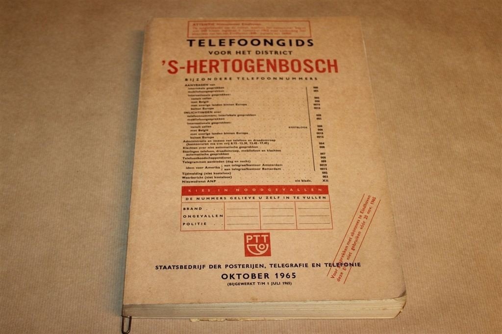 Telefoongids s-Hertogenbosch 1965 — Vintage PTT telefoonboek, Ophalen of Verzenden, Gelezen