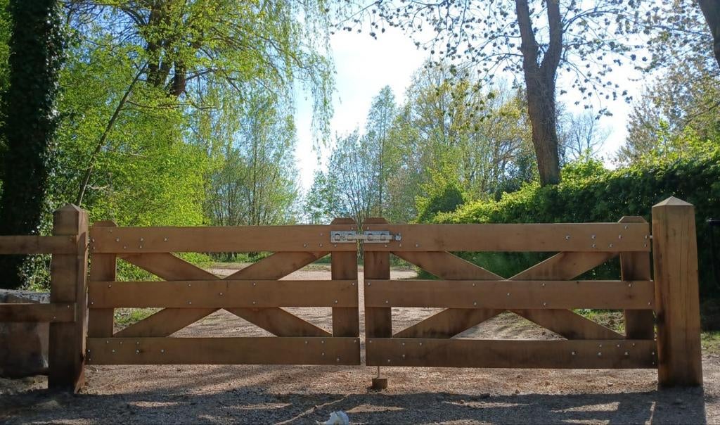 Eikenhouten landhek - 300 cm lang x 120 cm hoog, Ophalen, Nieuw, Hout, Tuinhek