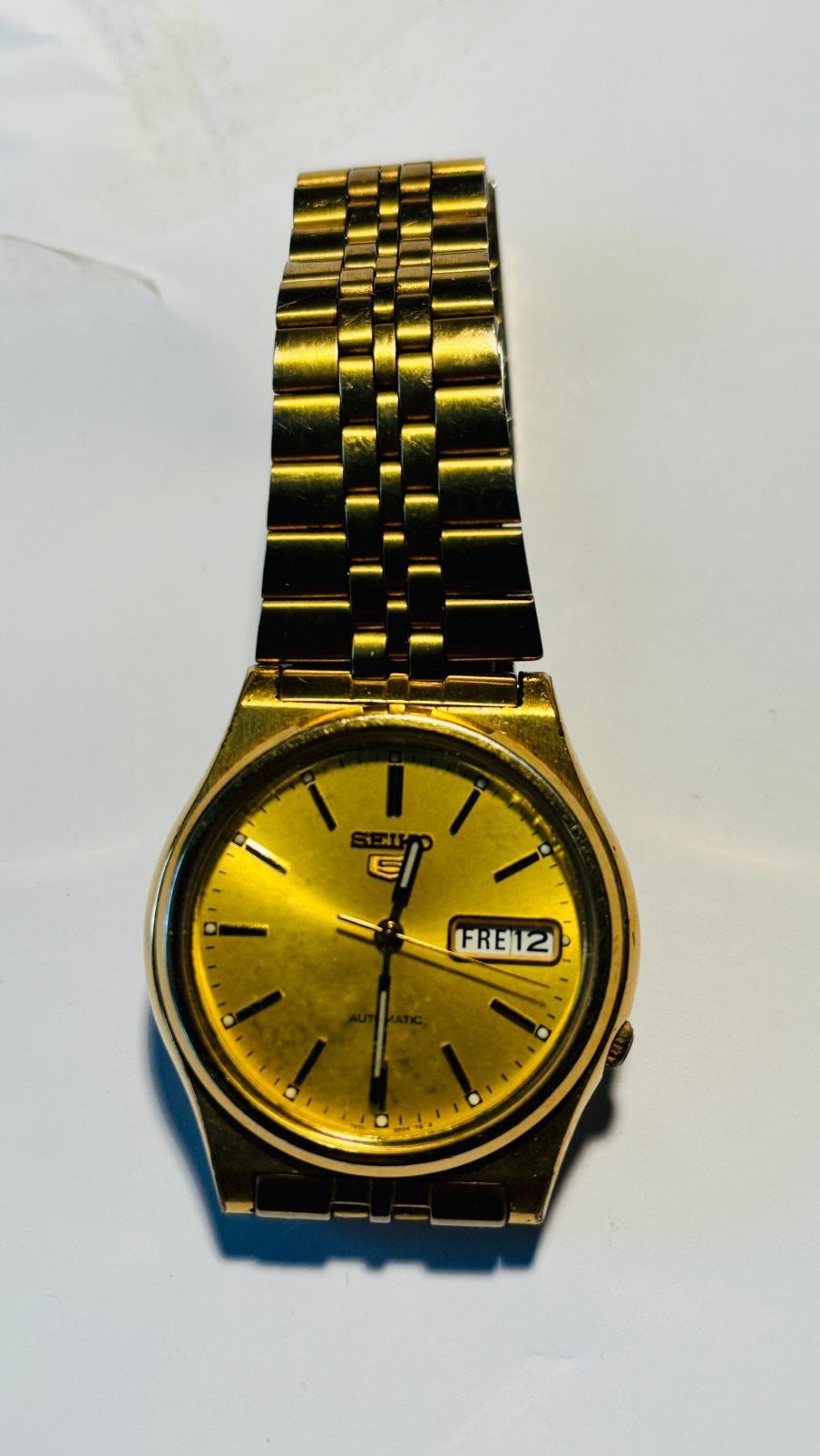Seiko 5 goudkleurig automaat met dag -datum, Seiko, Staal, Polshorloge, Verguld