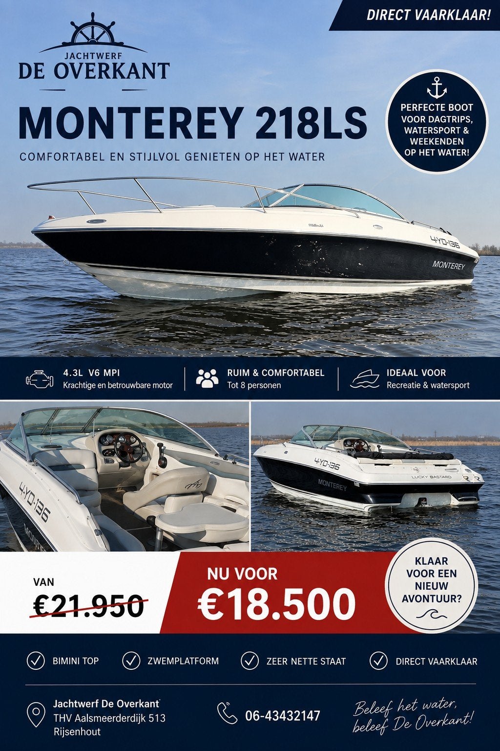 Monterey 218ls met Mercruiser 4.3 V6 - Goed onderhouden, Watersport en Boten, Motorboten en Motorjachten, Overige merken, Gebruikt
