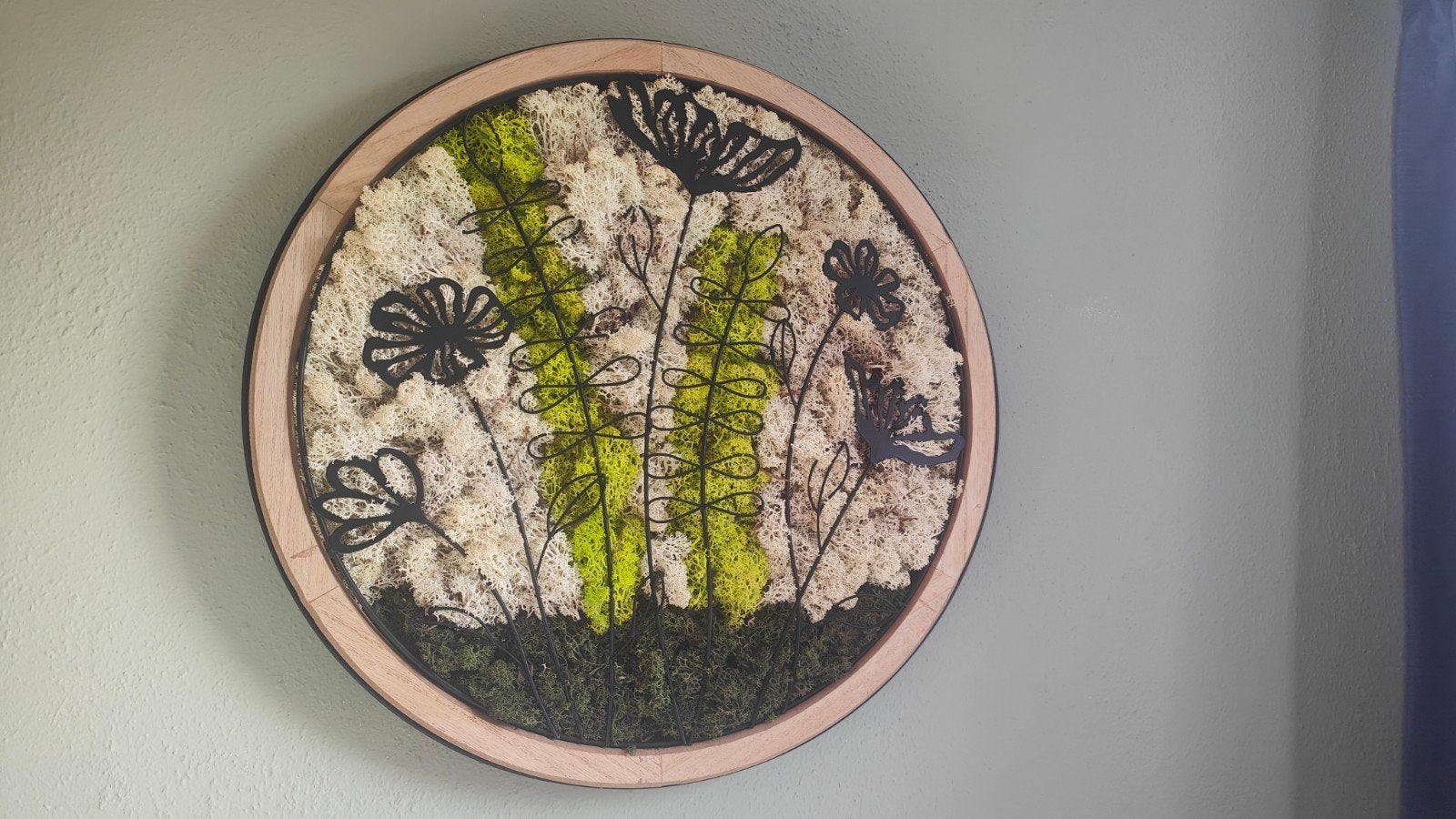 mosschilderij moscirkel met illustratie uniek handgemaakt, Ophalen of Verzenden, Natuurlijk materiaal, Eigen ontwerp, Botanisch