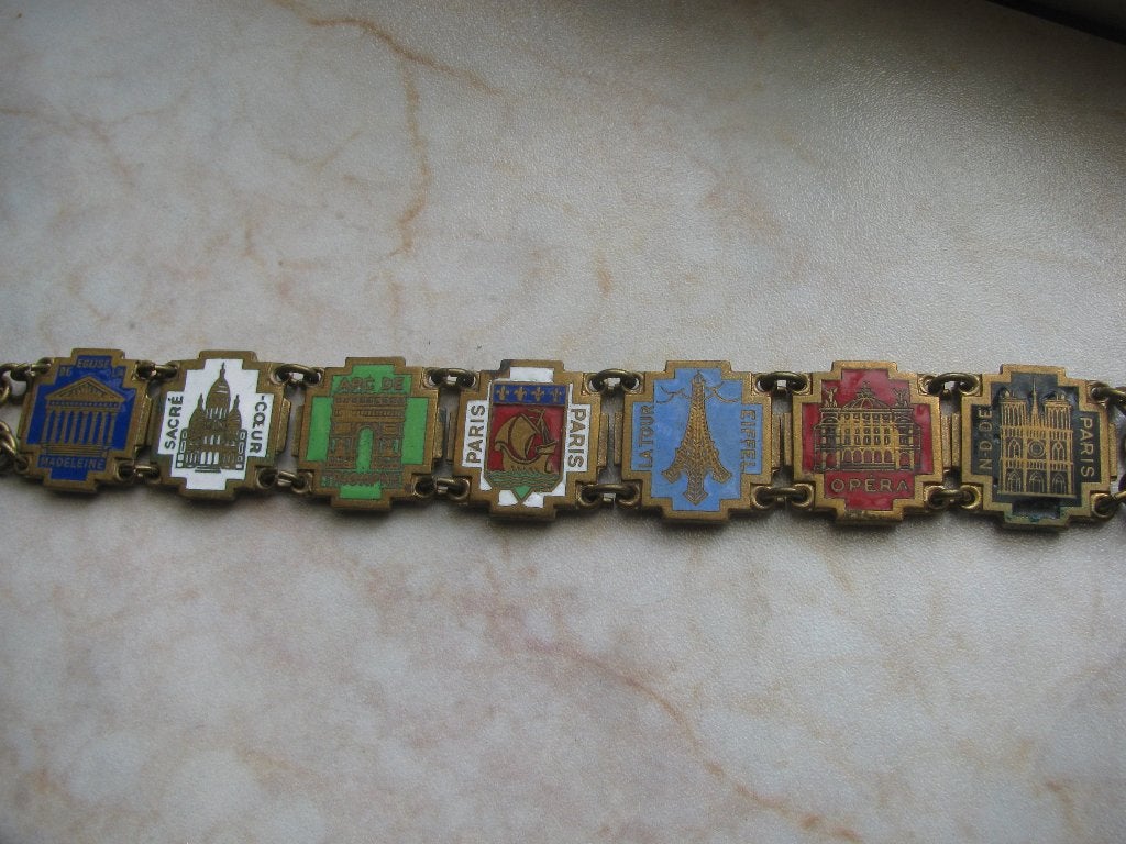 Oude Souvenir Messing / Emaille Armband - Parijs Monumenten, Verzenden, Gebruikt, Overige kleuren, Overige materialen